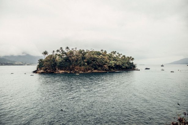 Vista costeira da Ilha das Cabras, em Ilhabela, com embarcações no mar e vegetação ao redor.